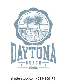 daytona beach florida in varsity style print design with a beach scene illustration