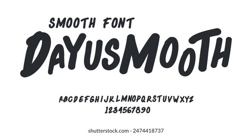 DAYUSMOOTH is uneven, unexpected, playful font. Vector bold font for headings, flyer, greeting cards, product packaging, book cover, printed quotes, logotype, apparel design, album covers, etc.