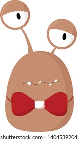 A dazed brown slug like monster wearing a red bow, vector, color drawing or illustration. 