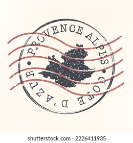 Provence-Alpes-Côte d'Azur, Frankreich - Stempel Karte Postal. Silhouette. Passport Round Design. Vektorsymbol. Design Retro Travel National Symbol.