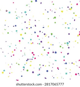 A dazzling array of colorful confetti shapes including circles, squares, and stars scattered over a pristine white surface, ideal for lively design projects.