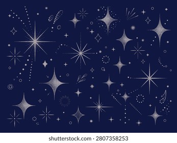 A dazzling array of silver star shapes, comets, and circular patterns scattered across a deep navy backdrop, evoking a sense of wonder and the night sky