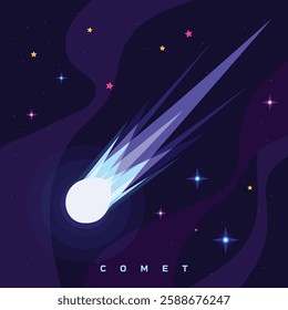 A dazzling comet illuminates the night sky, accompanied by a backdrop of stars and planets, showcasing cosmic beauty.