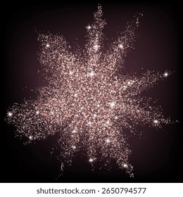 Dazzling explosion of sparkling rose gold glitter and stars against dark dramatic background. Vector shimmering digital dust with magical effect.