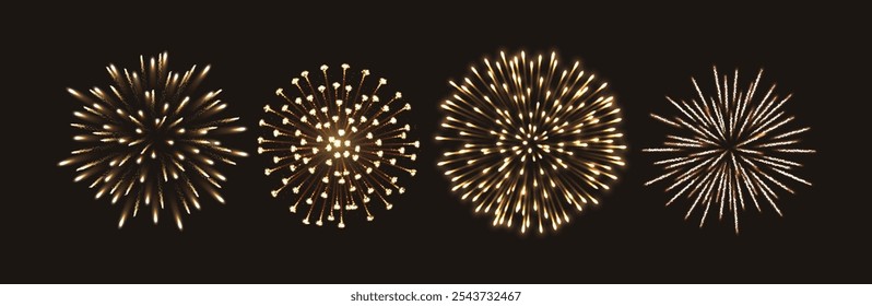 Dazzling golden fireworks bursts realistic color icons set. Dark night sky sparkling illumination display 3d objects on black background