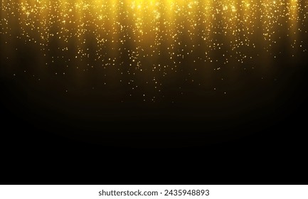 Dazzling golden glitter falling down realistic vector illustration. Brightly sparkling shimmer shower 3d design. Award ceremony decorative background