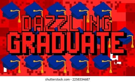 Dazzling Graduate. pixelated word with geometric graphic background. Vector cartoon illustration.