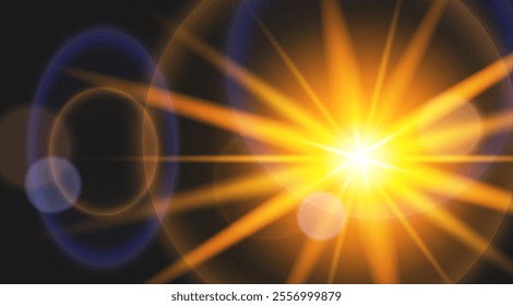 A dazzling light flare with radiant golden beams and a gentle glow, creating an ambiance of warmth, vitality. The luminous effect resembles a sunburst or a camera flash on a black isolated background