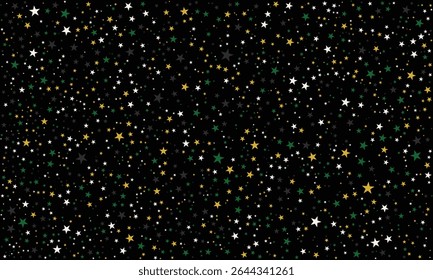 Um céu noturno deslumbrante cheio de estrelas coloridas em ouro, verde e branco em uma tela preta profunda. Perfeito para projetos com temática cósmica, papéis de parede digitais ou visuais celestes sonhadores.