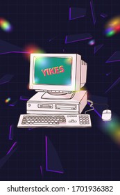 Dazzling retro vintage PC system with computer peripherals crt monitor and Yikes word on screen, floppy disk, keyboard and mouse, with rgb light leak flare reflectionm 90s inspiration illustration