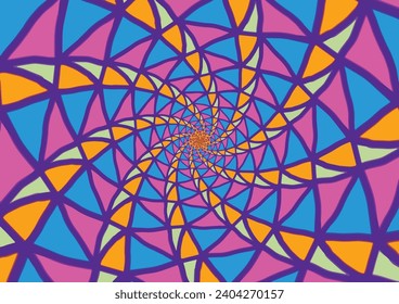Dazzling stained glass window with an intricate spiral design in vibrant hues, set against a deep purple background.