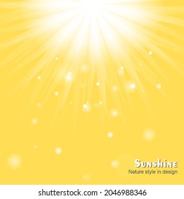 Dazzling sunshine sun rays with bokeh on yellow background. Beautiful sunny banner with sunburst sunbeams. Abstract colorful template vector illustration