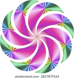 A dazzling symmetrical circular abstract artwork featuring interlocking curved segments forming a dynamic swirling mandala pattern. Each section displays smooth radiant gradients blending bright pink, vivid purple, rich teal, emerald green, electric blue, and hints of warm yellow, radiating from a central focal point. The glossy, prismatic finish creates a sense of movement, harmony, and luminous energy against a clean white background. Ideal for decorative art, digital prints, posters, logos, creative branding, meditation visuals, and any project needing a bold, colorful, and intricately balanced aesthetic.