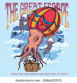 Una deslumbrante y caprichosa Ilustración vectorial titulada 'El gran escape'. Esta obra de arte altamente surrealista presenta un conejo valiente en una canasta.