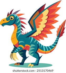 A dazzling winged dinosaur bursts with vibrant colors, each scale reflecting shades of blue, orange, purple, and green.