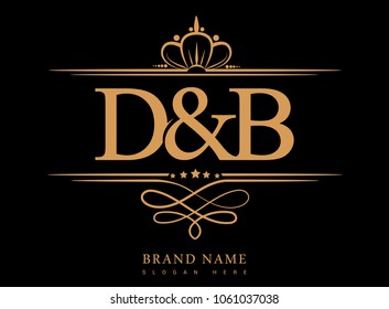 D&B Initial logo, Ampersand initial logo gold with crown and classic pattern