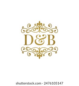 DB initials logo ornament gold. Letter DB wedding ampersand or business partner symbol