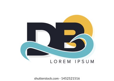 DB letter logo with ocean waves and sunset. Beach concept design