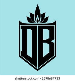 DB Logo featuring a minimalist design with a crown-like flower symbol on top, bold black elements, and a soft blue background, perfect for branding and modern visual identity.