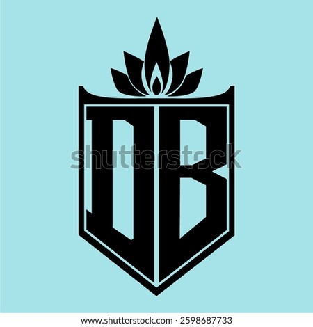 DB Logo featuring a minimalist design with a crown-like flower symbol on top, bold black elements, and a soft blue background, perfect for branding and modern visual identity.