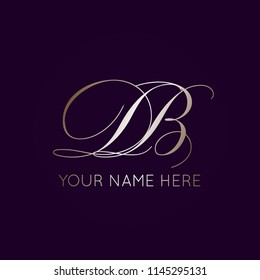 DB monogram. Calligraphy based logo in shiny metallic color palette isolated on rich dark purple background.Vector icon.Luxurious, elegant style.