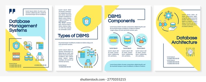 DBMS systems blue and yellow brochure layout. Business intelligence. Data management. Leaflet advertising design with color line icons. Editable 4 pages