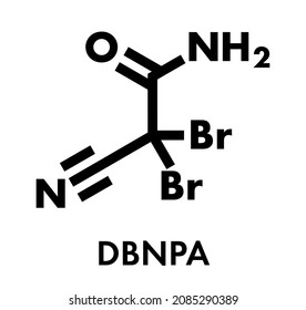 DBNPA (2,2-dibromo-3-nitrilopropionamide) biocide, chemical structure. Quick-kill biocide that rapidly breaks down in water. Skeletal formula. svg