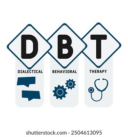 DBT - Dialektische Verhaltenstherapie Akronym. Hintergrund des Geschäftskonzepts Vektorgrafik mit Schlagwörtern und Symbolen. Beschriftungsgrafik mit Symbolen für Webbanner, Flyer, Landing Page