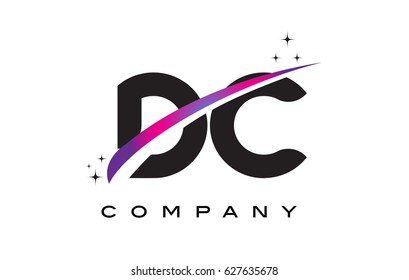 DC D C Black Letter Logo Design with Purple Magenta Swoosh and Stars.