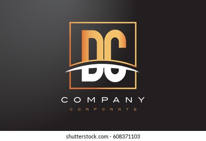 DC D C Golden Letter Logo Design with Swoosh and Rectangle Square Box Vector Design.