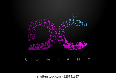DC D C Letter Logo with Purple Blue Particles and Bubble Dots Design Vector.