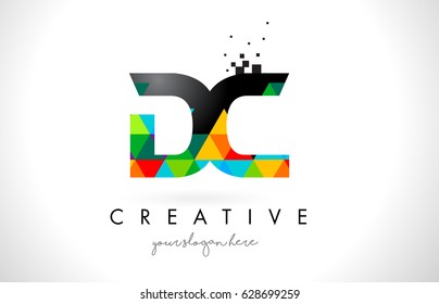 DC D C Letter Logo with Colorful Vivid Triangles Texture Design Vector Illustration.