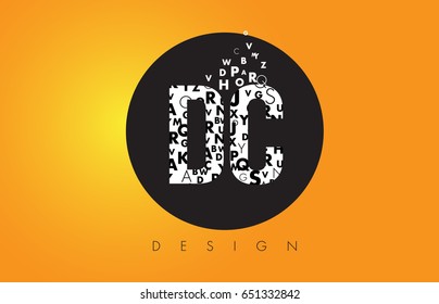 DC D C Logo Design Made of Small Letters with Black Circle and Yellow Background.