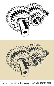 DC Ilustraciones vectoriales estilizadas de reducción de engranajes de motor eléctrico