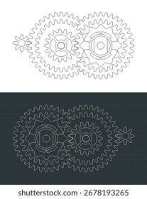 Planos de reducción de engranajes de motor eléctrico DC Ilustraciones vectoriales estilizadas