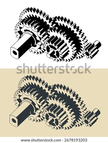 DC electric motor gear reduction stylized vector illustrations