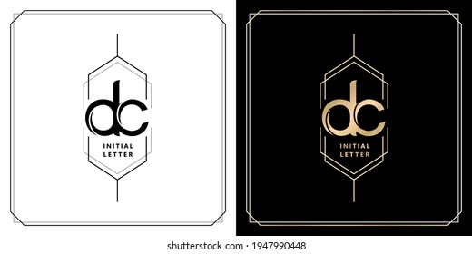 DC initial letter and graphic name, DC Monogram model with hexagonal frames, for Wedding couple name, with two color variation designs gold and monochrome with isolated black white background