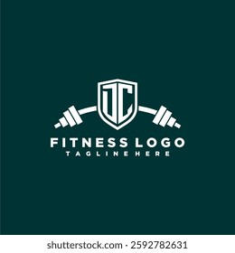 DC initial monogram for fitnes or gym logo with creative shield and barbell design