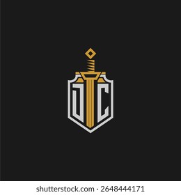 Monograma inicial de DC para imagem em estilo escudo e espada
