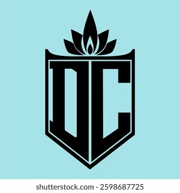 DC Logo featuring a minimalist design with a crown-like flower symbol on top, bold black elements, and a soft blue background, perfect for branding and modern visual identity.