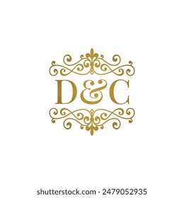 DC logo with gold ornament. Initials A ampersand R for business partner or wedding symbol.	