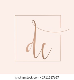 DC monogram logo.Typographic icon with calligraphic script letter d and letter c. Lettering icon. Alphabet initials isolated on light pink background.Signature style sign copper characters and frame.