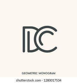 DC monogram logo.Typographic sign with uppercase letter D and letter C, overlapped.Geometric, modern, clean style icon isolated on light background.