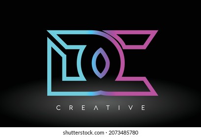 DC Neon Purple Blue Letters Logo Design. DC Outline Letter Icon Vector on Black Background Illustration