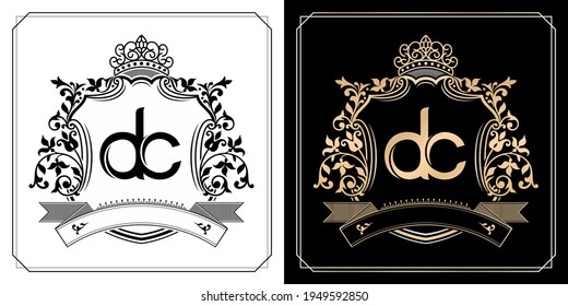 DC royal emblem with crown, initial letter and graphic name Frames Border of floral designs with two variation colors, set of gold framed labels with flowers for insignia, initial letter wedding name