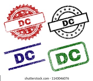 DC seal stamps with corroded texture. Black, green,red,blue vector rubber prints of DC title with corroded texture. Rubber seals with circle, rectangle, medal shapes.