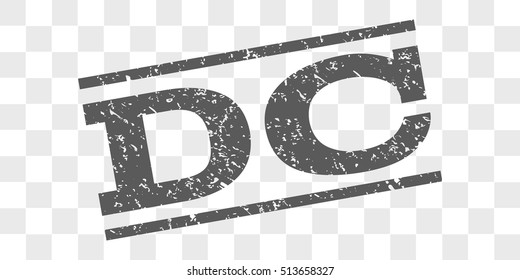 DC watermark stamp. Text tag between parallel lines with grunge design style. Rubber seal stamp with scratched texture. Vector grey color ink imprint on a chess transparent background.