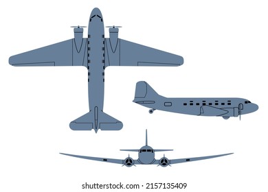 DC-3 Dakota Airliner 1936. Top, Side, Front View Silhouettes. Vintage airplane. Vector clipart isolated on white.