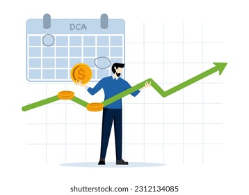 DCA, Dollar-Cost Averaging, is a form of investment. at the average cost by continuing to invest in each period with the same investment amount. flat vector illustration on a white background.