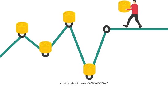 DCA, Dollar-Cost Averaging, ist eine Form der Investition. zu den Durchschnittskosten durch weitere Investition in jeder Periode mit dem gleichen Investitionsbetrag. Flache Vektorillustration auf weißem Hintergrund.